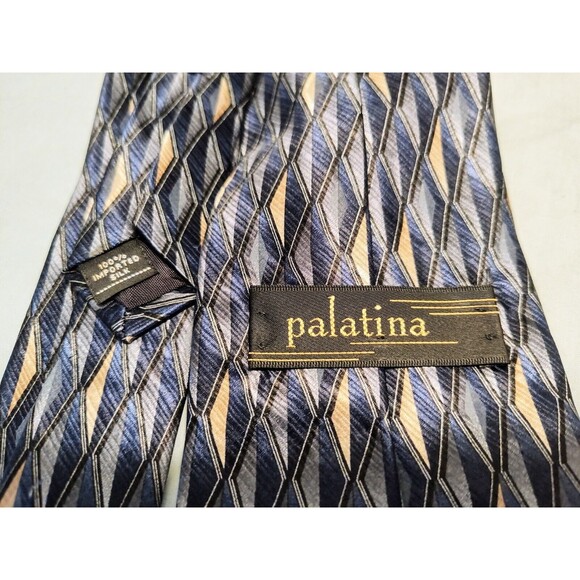 Palatina Men's 100% Imported Silk Necktie Blue Gold Abstract Print Made In USA - Picture 4 of 7
